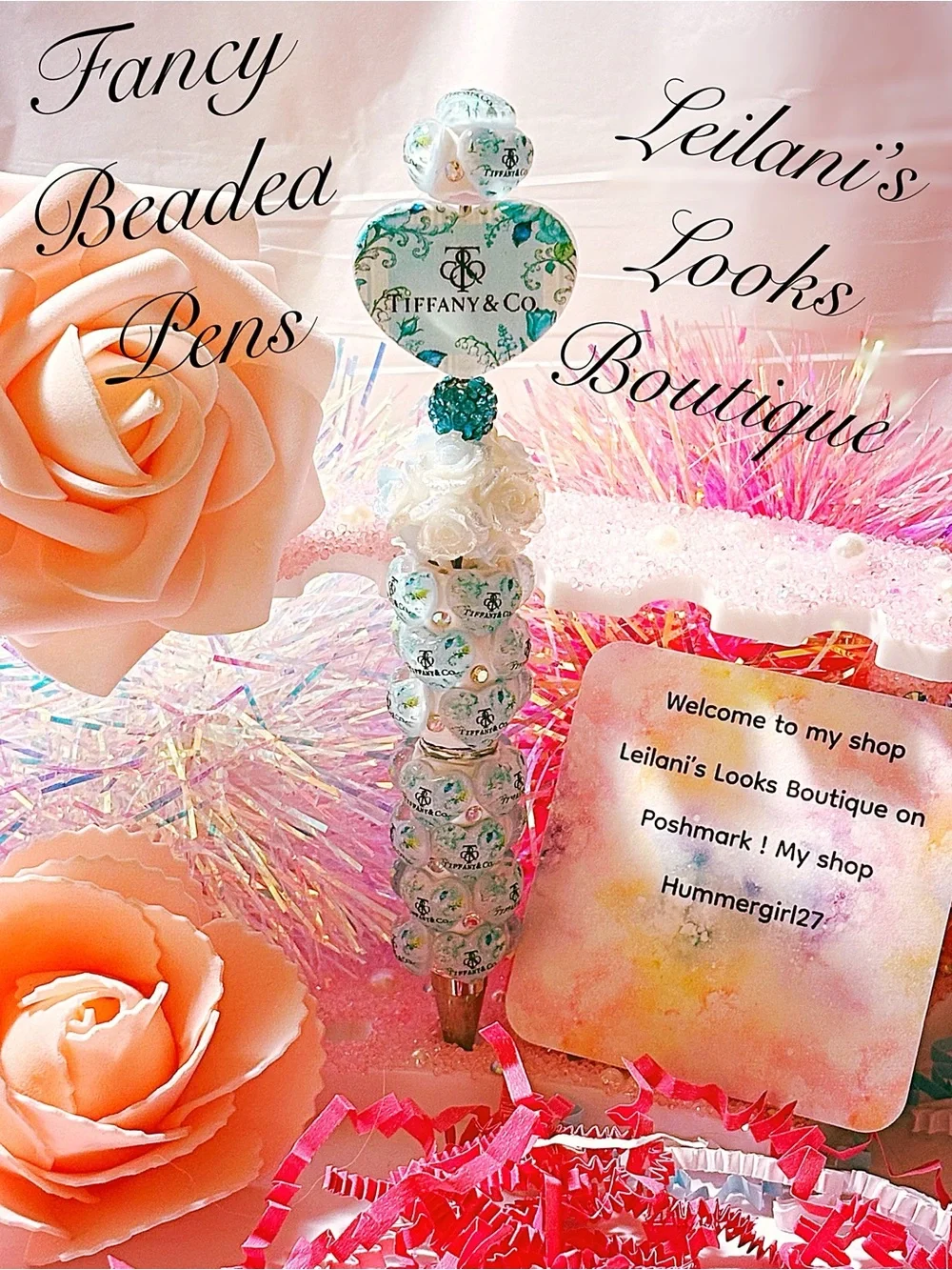Fancy beaded Pen/gifts/tiffany blue heart/flowers beads/girly